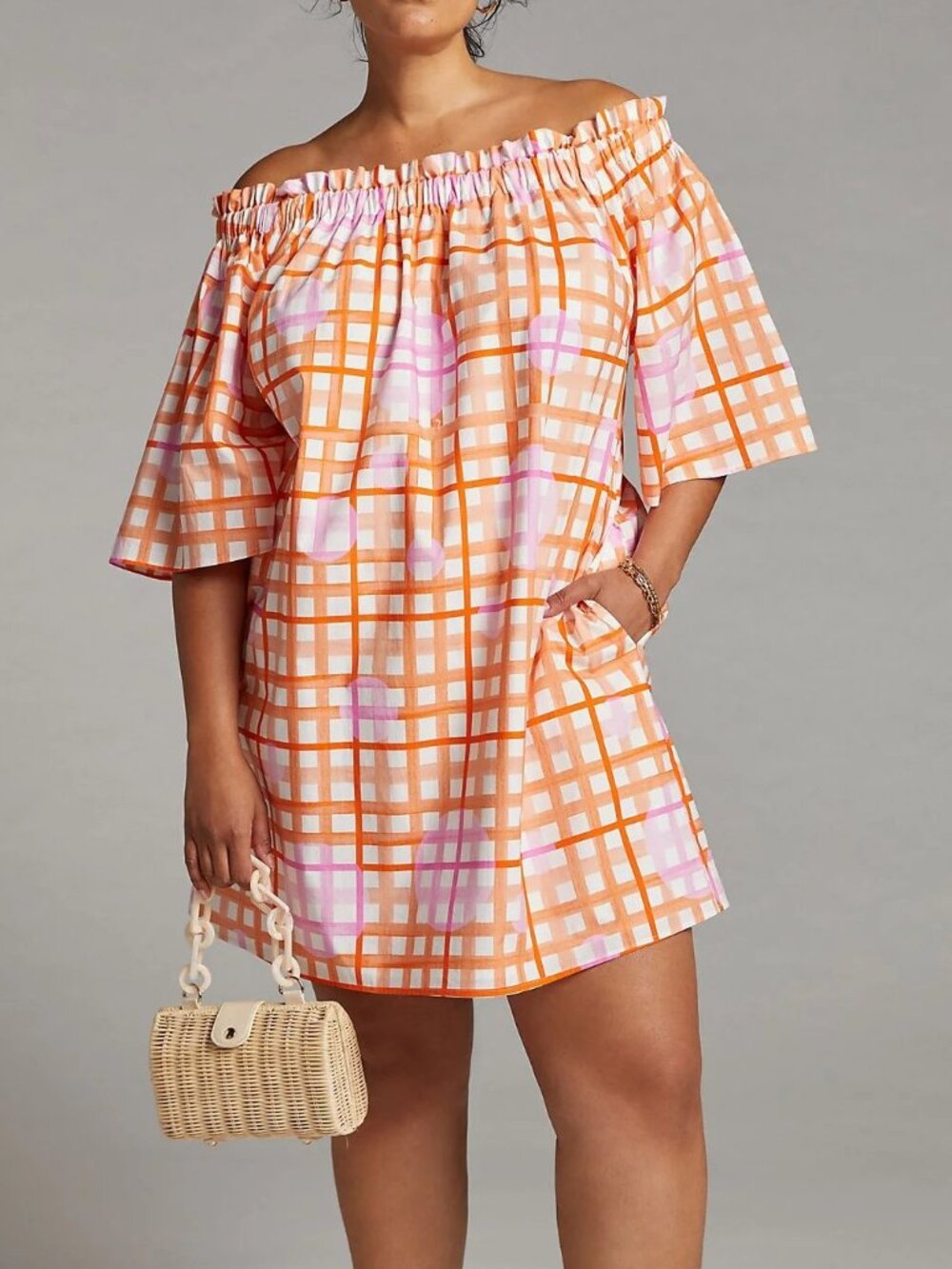 Corey Lynn Calter Women's Size S Monaco Plaid Off the Shoulder Mini Dress